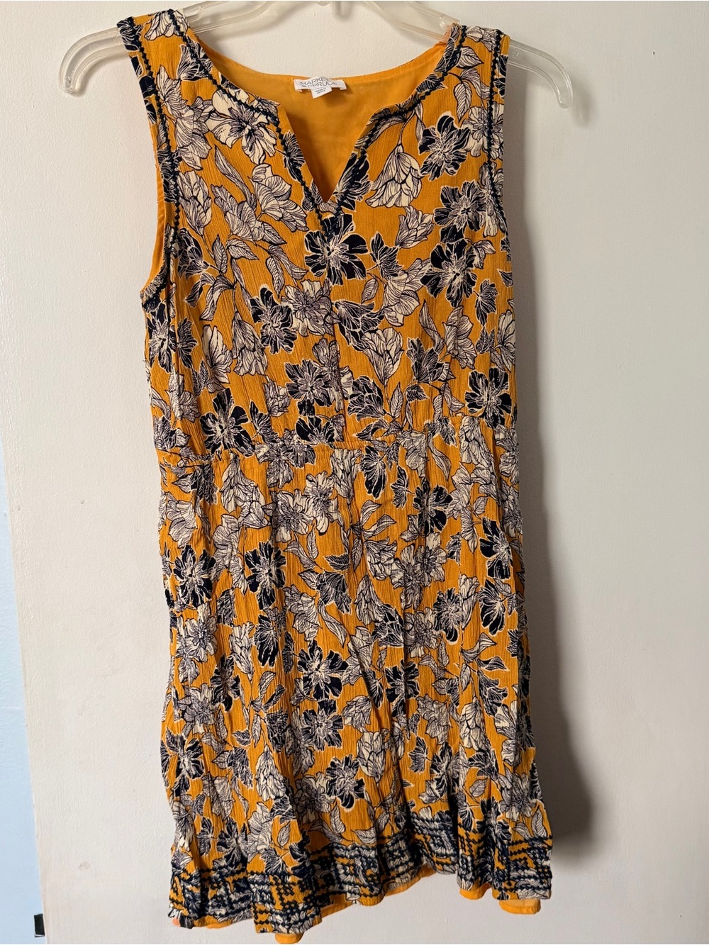 Market And Spruce Yellow/blue Floral V Notch Collar Embroidered Hem Dress Sz MP